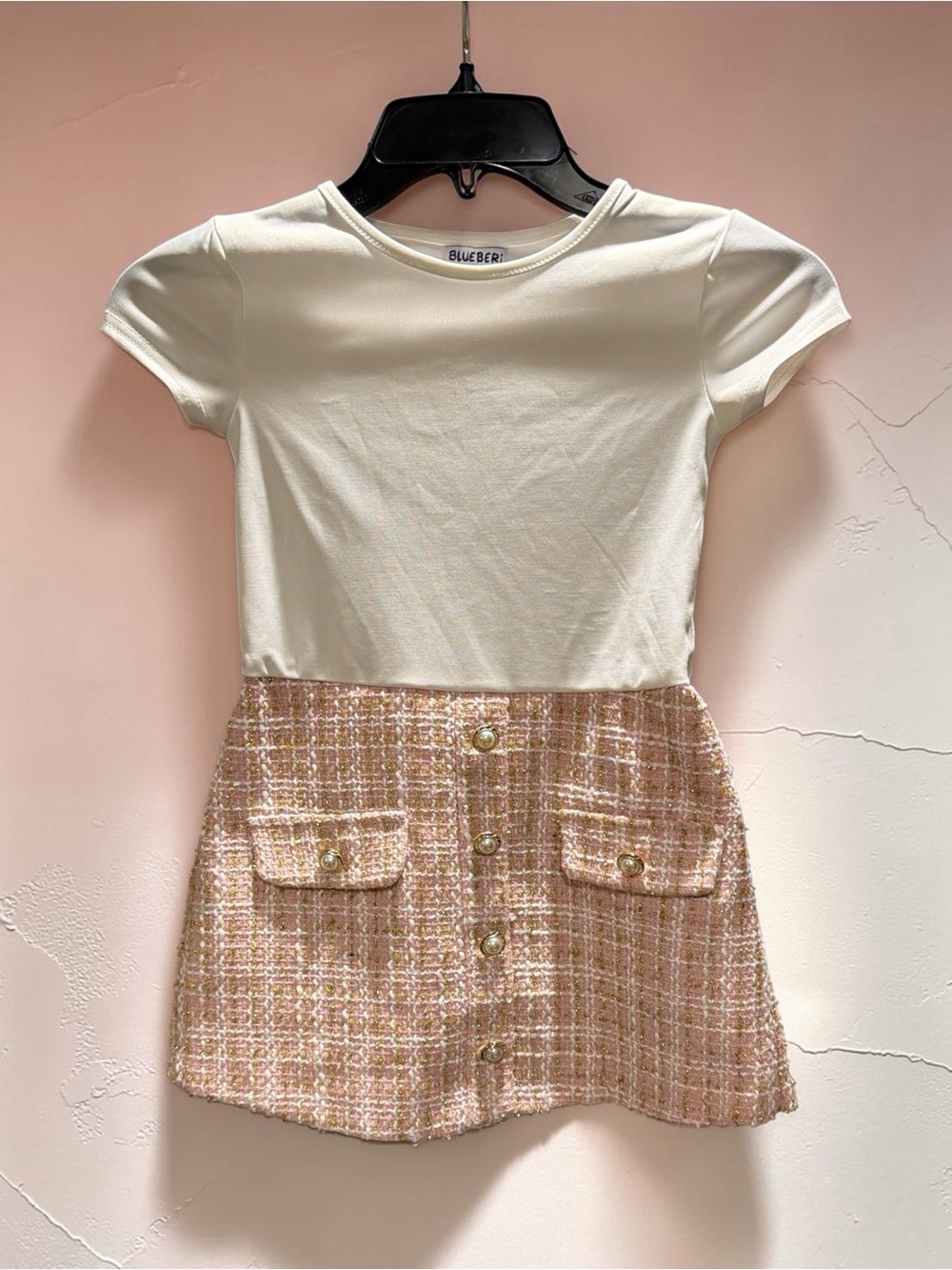 Blueberi Boulevard Cream Top with Pink Tweed Skirt